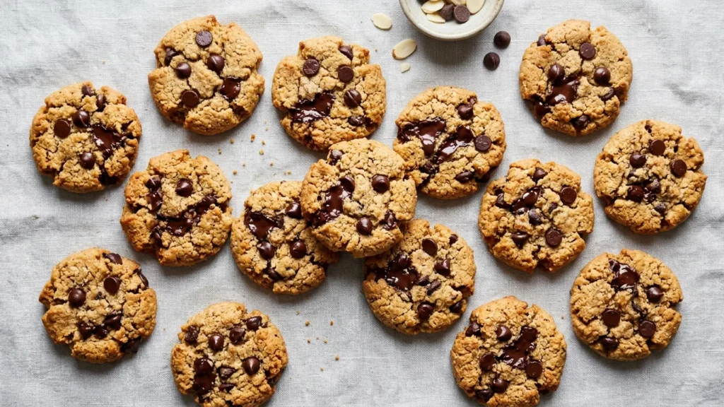 Almond meal chocolate chip cookies, beautifully styled overhead food photograph