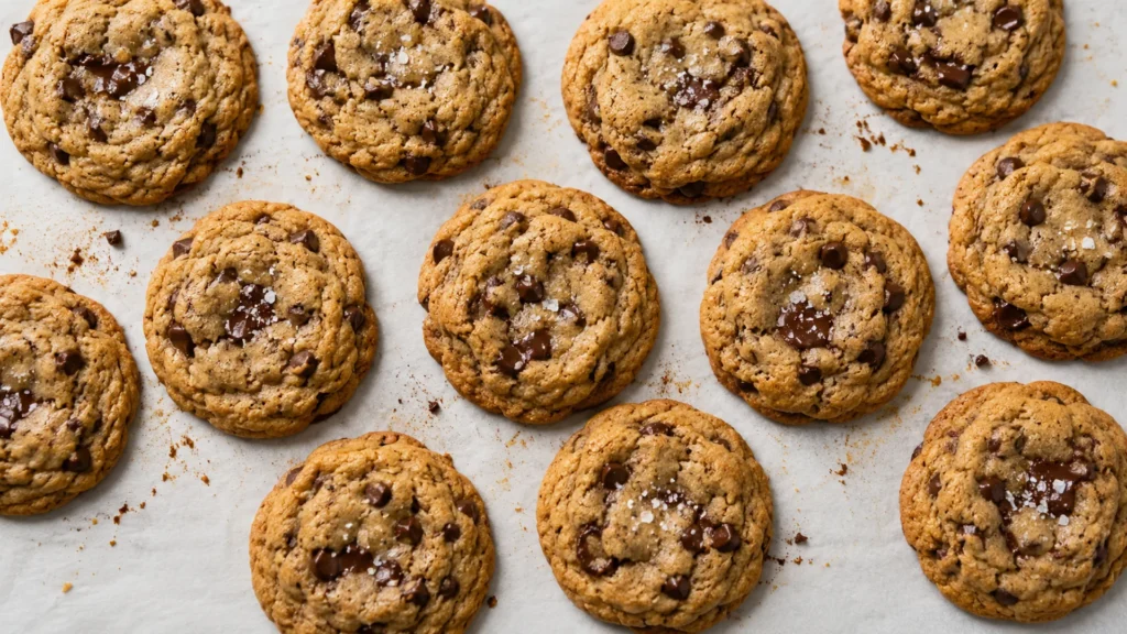 Brown butter chocolate chip cookies, beautifully styled overhead food photograph