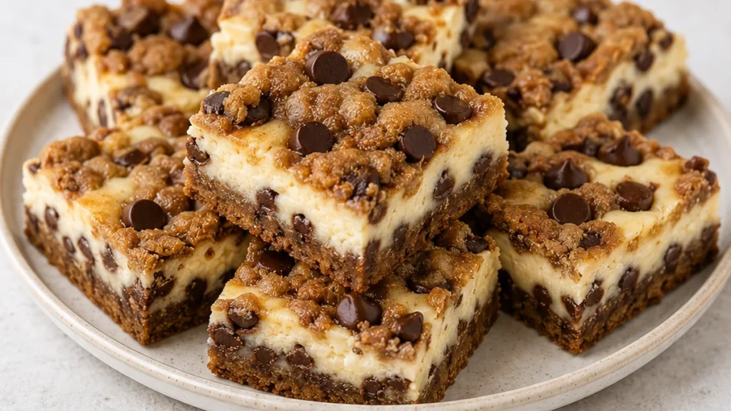Chewy Chocolate Chip Cheesecake Bars - Cheesecake bars: bake this incredible dessert combining chocolate chip cookies and creamy cheesecake. Perfect for any occ