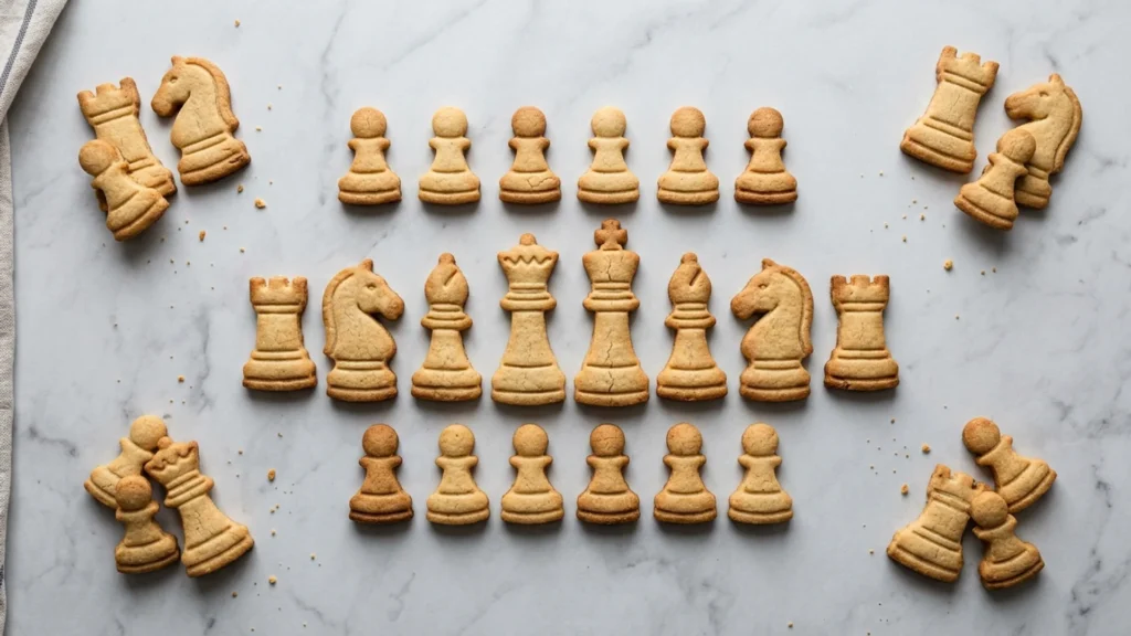 Chessman cookies, beautifully styled overhead food photograph