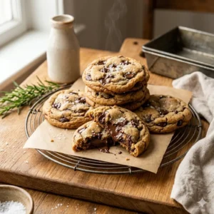Chocolate Chip Cookies hub hero, a stack of thick gooey chocolate chip cookies with melting chocolate and flaky salt