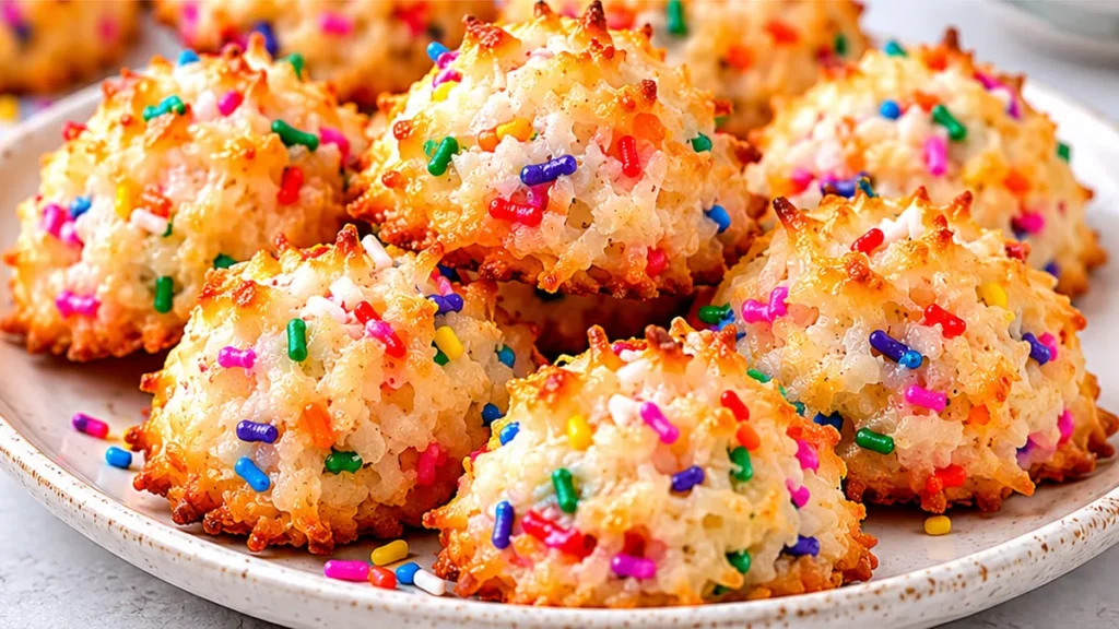 Funfetti Coconut Macaroons: Pure Joy! Coconut macaroons: bake these delightful, chewy treats bursting with funfetti sprinkles. Easy to make and perfect for any