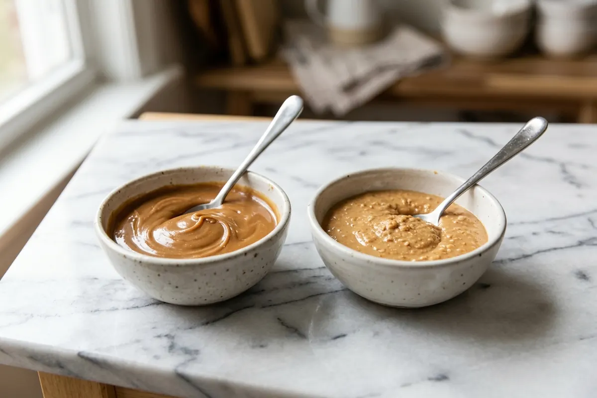 Two bowls side by side, one of cookie butter and one of peanut butter, each with a spoon