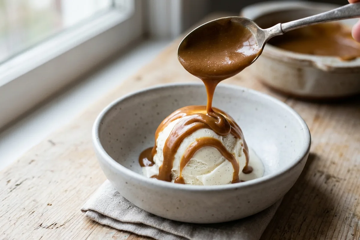 Warm cookie butter drizzling from a spoon over a scoop of vanilla ice cream