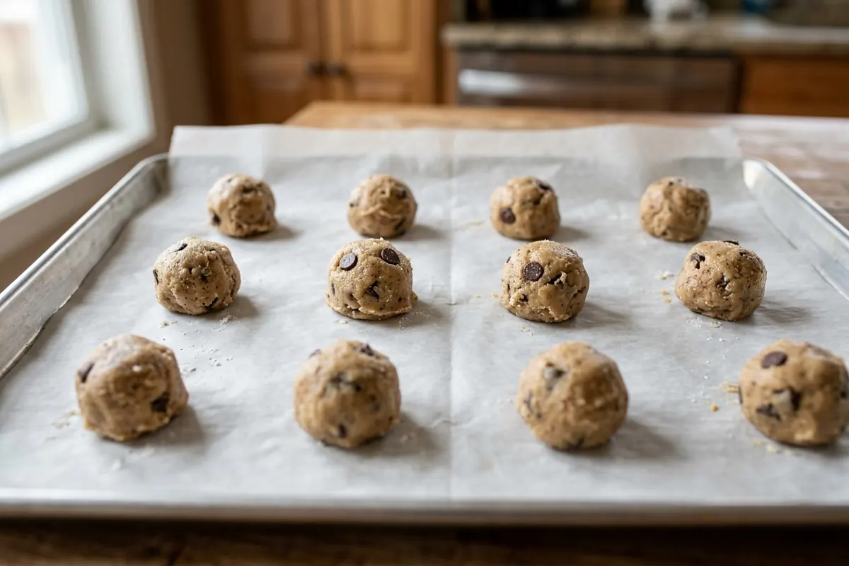 Close-up of cookie dough balls spaced apart on a parchment-lined tray for flash freezing before they go into a bag