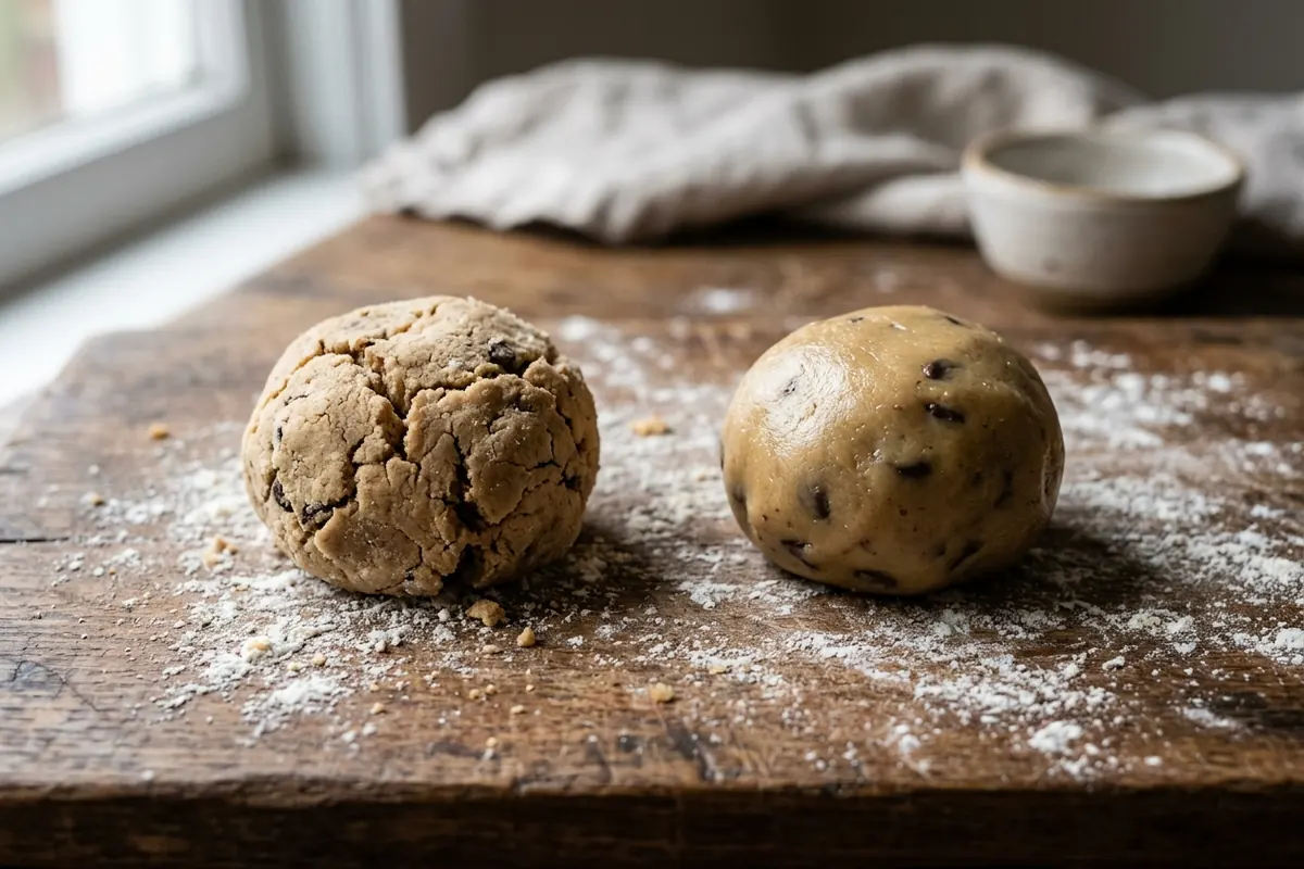 Detail of two cookie dough balls side by side, one dry and cracked and one smooth and supple, on a lightly floured board
