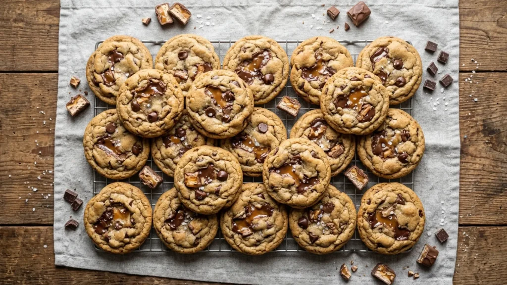 Cookies with milky way bars, beautifully styled overhead food photograph