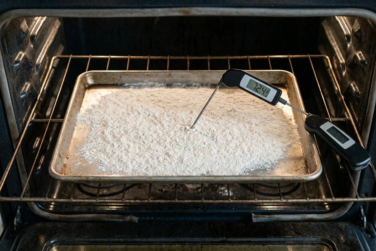 Heat-treating flour with a thermometer Flour spread on a baking sheet with an instant-read thermometer probe checking temperature