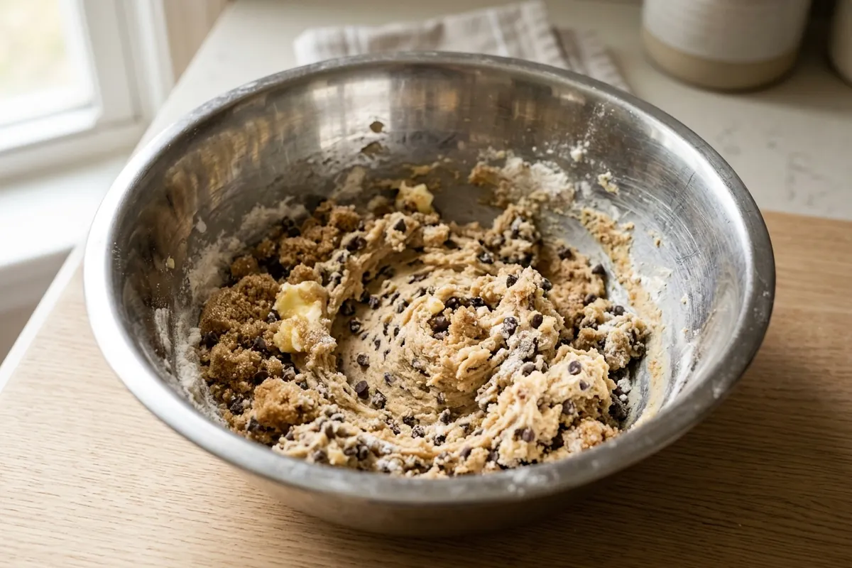 Mixing soft edible cookie dough Mixing bowl of creamed butter and brown sugar with flour and mini chocolate chips being stirred in
