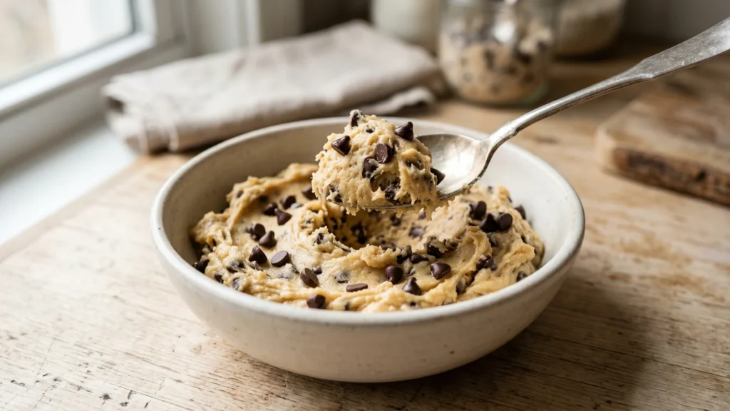 Bowl of soft chocolate chip edible cookie dough with a spoon scooping a bite