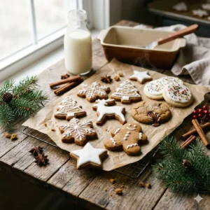 Holiday & Christmas Cookies hub hero, decorated gingerbread and cut-out cookies with royal icing, cinnamon and pine