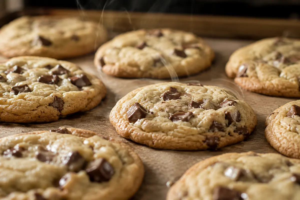 Cookies pulled from the oven slightly underbaked Cookies on a tray with set edges and soft underdone centers