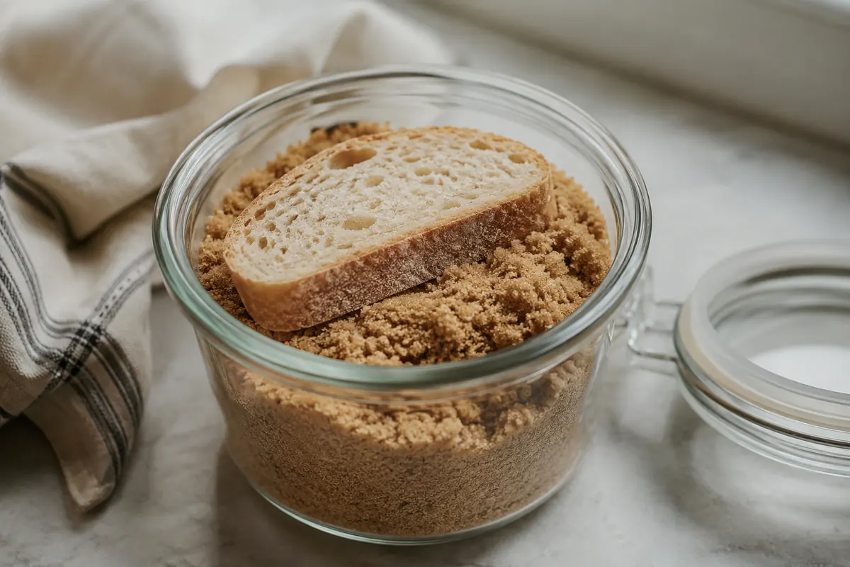 Brown sugar with a bread slice in a sealed container Brown sugar in an airtight container with a slice of bread on top