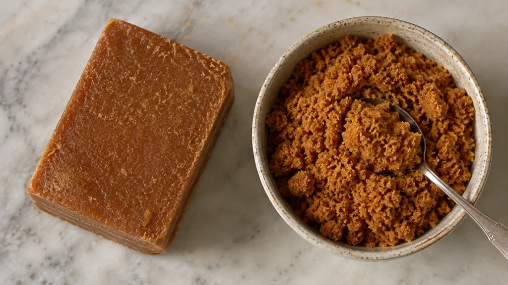 A hard block of brown sugar beside a bowl of soft loose brown sugar