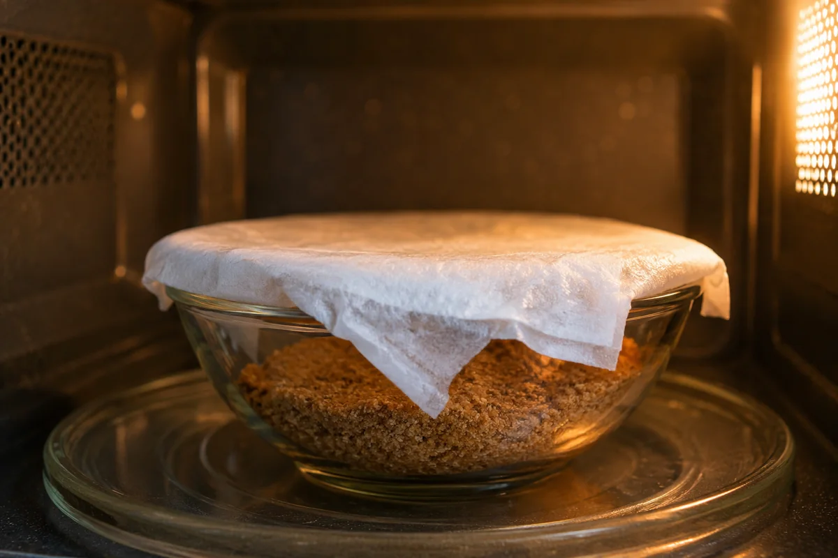 Brown sugar with damp paper towel in microwave A bowl of brown sugar covered with a damp paper towel in a microwave