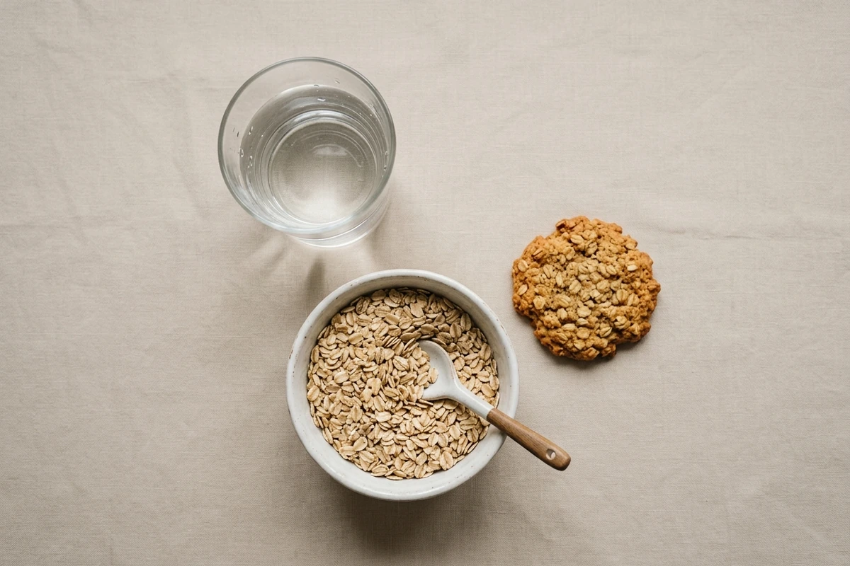 A glass of water, a bowl of oats and a single oat cookie on a neutral surface