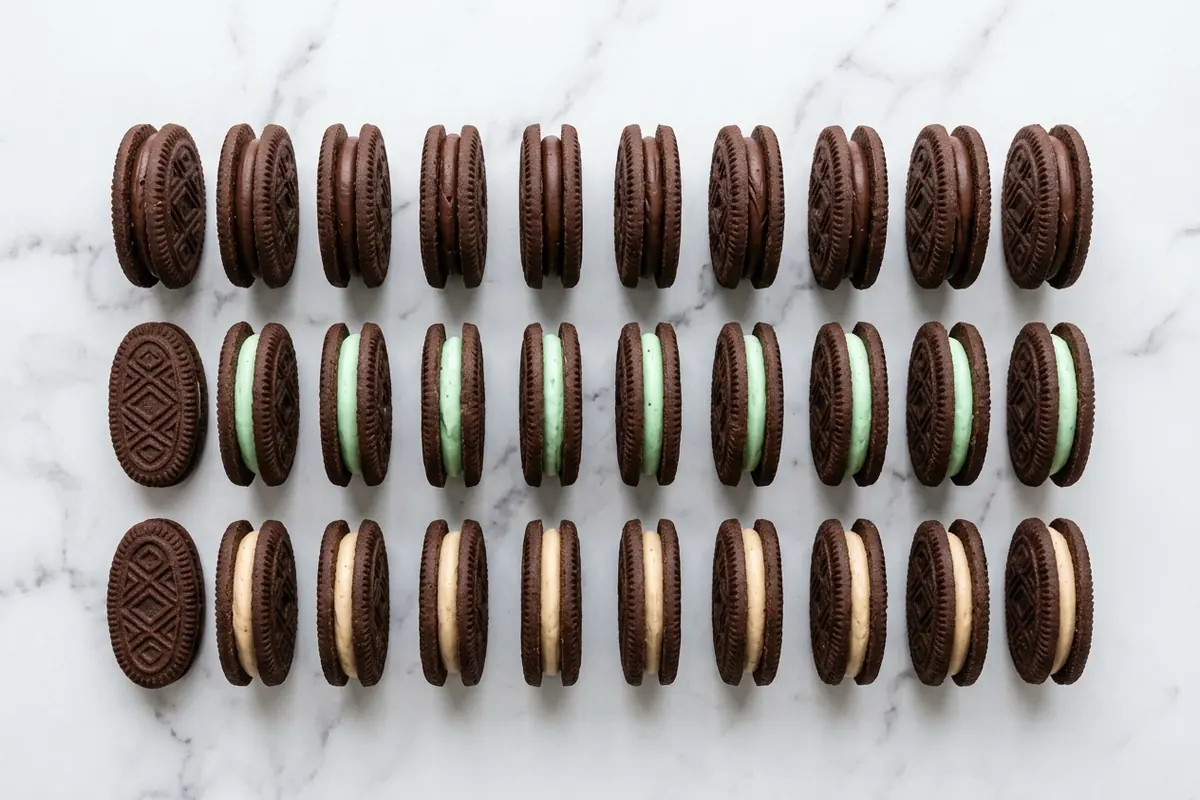 Oval sandwich cookies arranged in rows by filling type on a marble surface