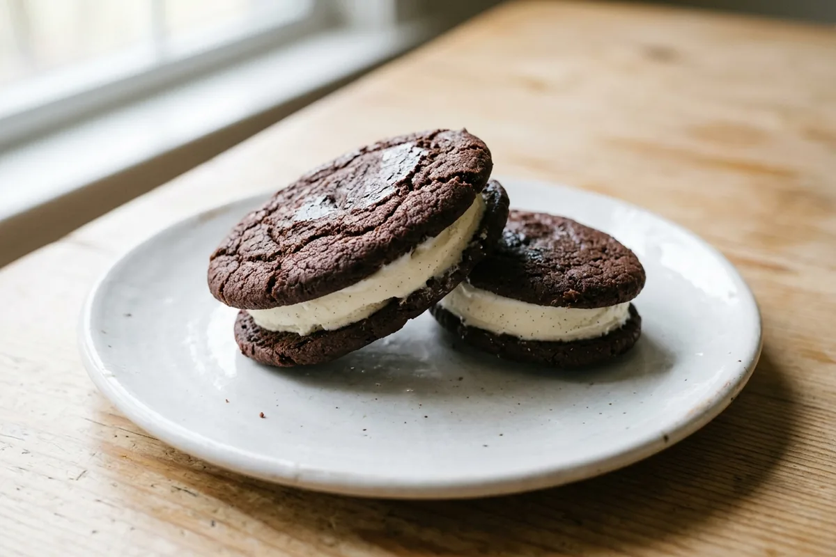 Two oval sandwich cookies around a disc of vanilla ice cream on a plate