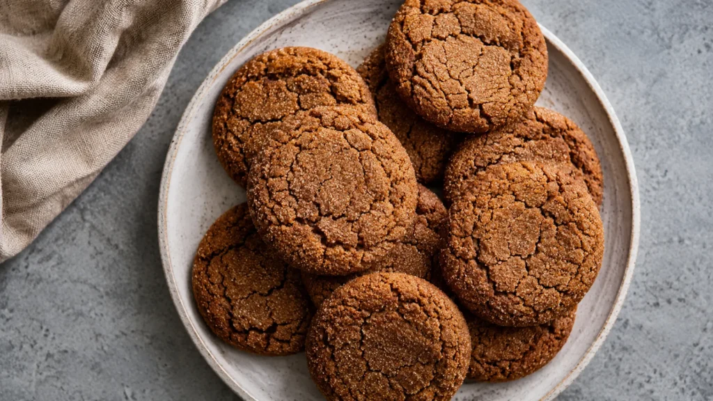 Molasses cookies, beautifully styled overhead food photograph