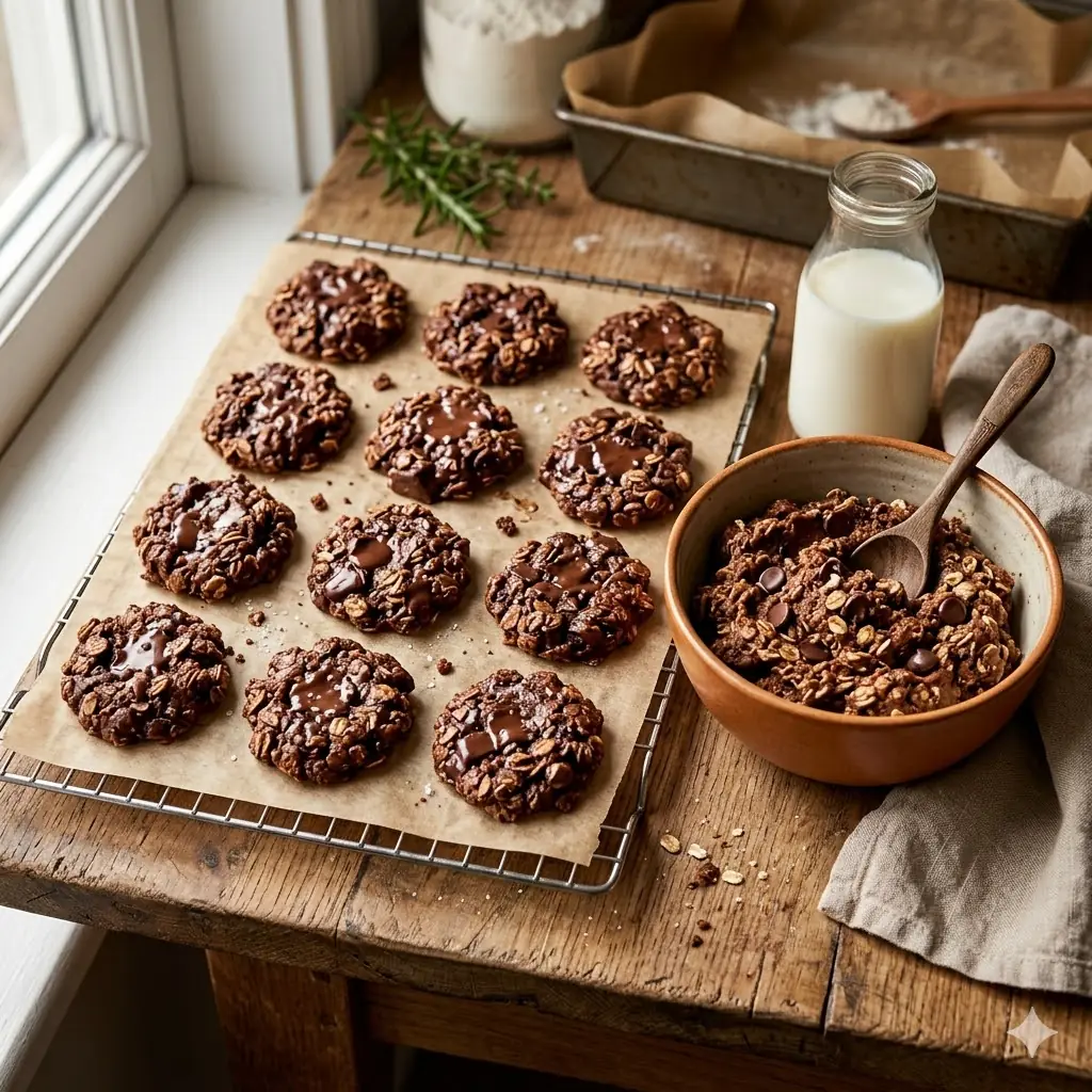 No-Bake & Cookie Dough hub hero, no-bake chocolate oatmeal cookies set on parchment with a bowl of edible dough