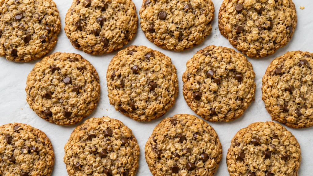 Oatmeal chocolate chip cookies, beautifully styled overhead food photograph