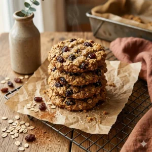 Oatmeal Cookies hub hero, a stack of chewy oatmeal raisin cookies with visible oats and cinnamon