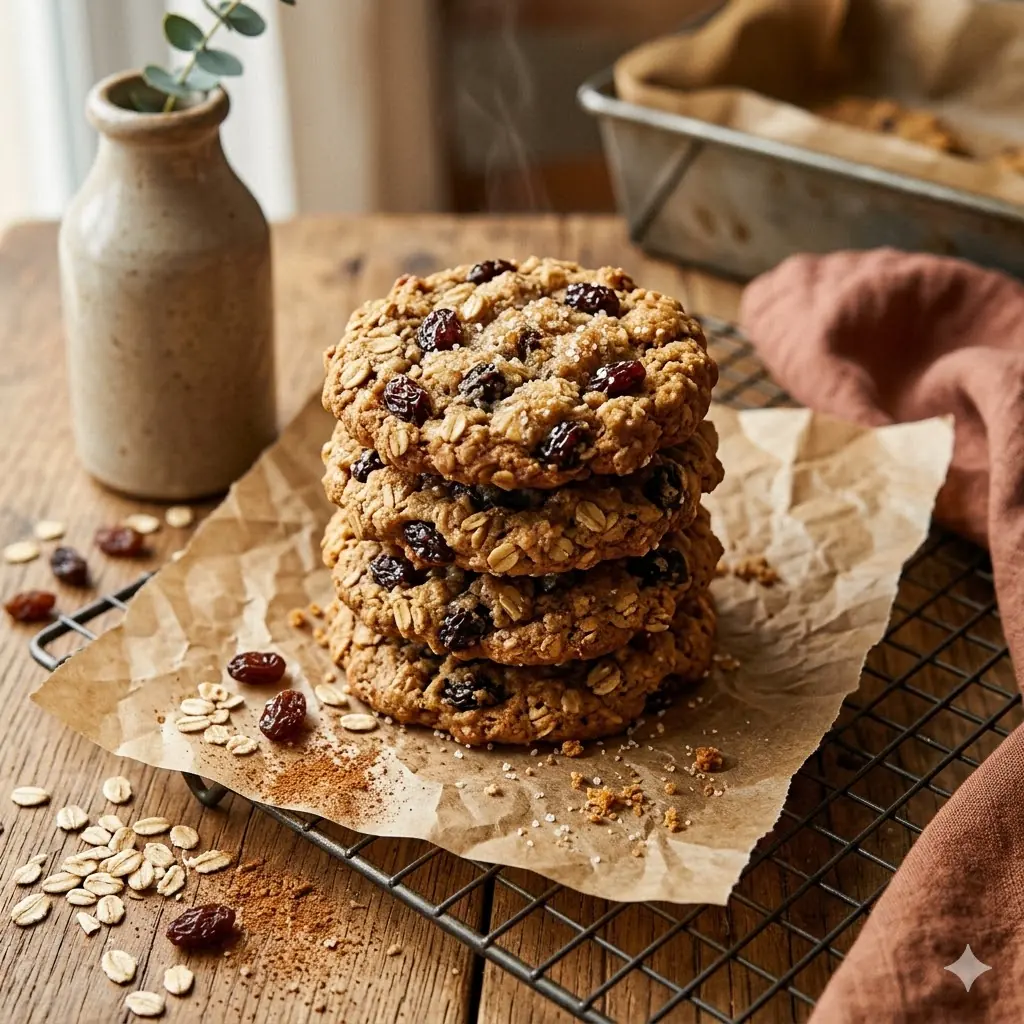 Oatmeal Cookies hub hero, a stack of chewy oatmeal raisin cookies with visible oats and cinnamon
