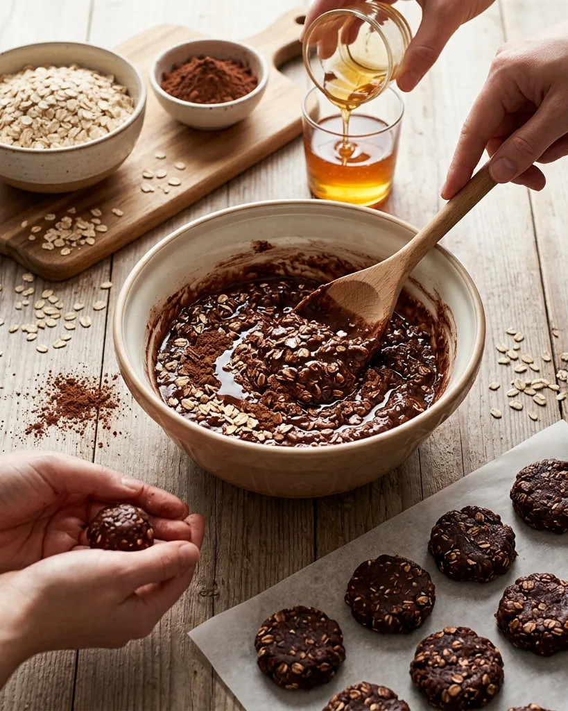 Close-up illustrating no-Bake Oats Cocoa Cookies