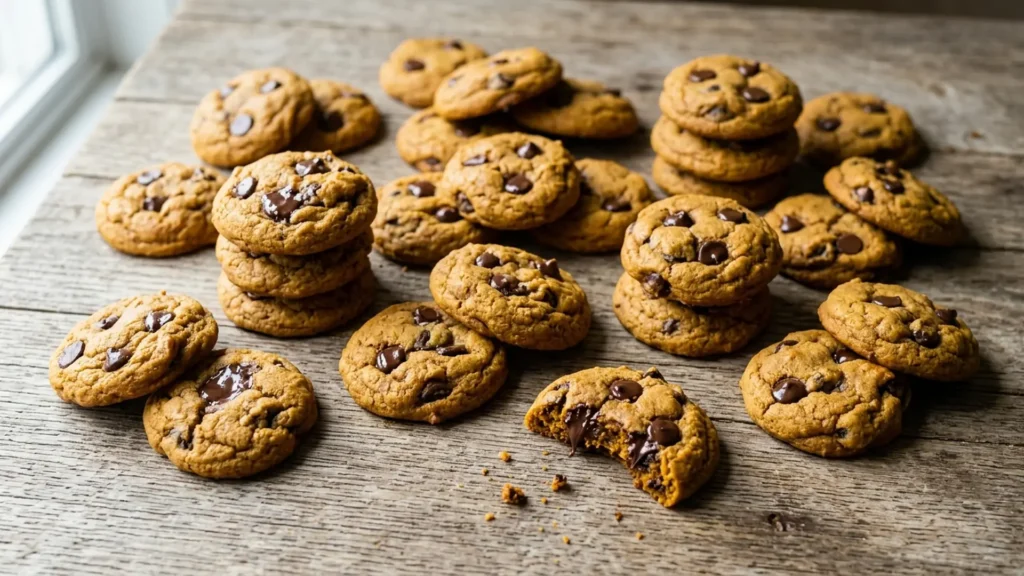 Pumpkin chocolate chip cookies, beautifully styled overhead food photograph