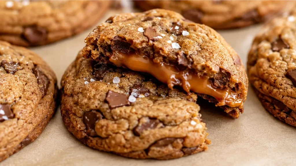 Chewy Salted Caramel Milk Chocolate Cookies - salted caramel cookies - Salted caramel cookies: master chewy milk chocolate chip cookies with a gooey caramel cen