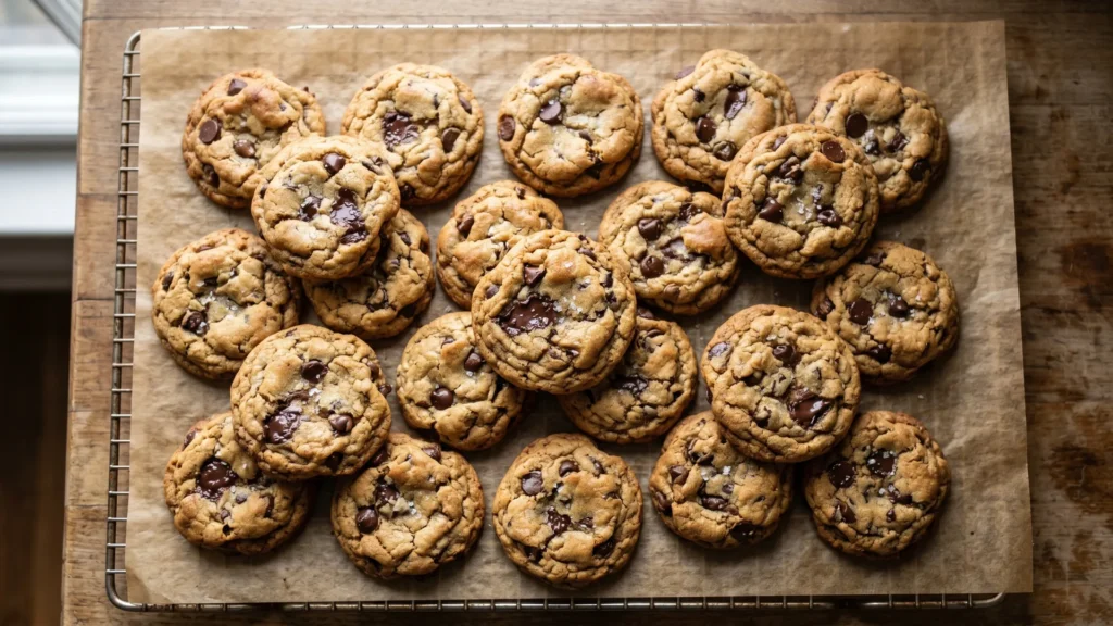 Sourdough discard chocolate chip cookies, beautifully styled overhead food photograph