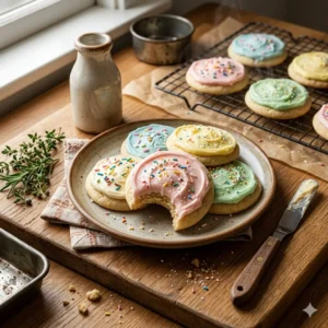 Sugar & Cut-Out Cookies hub hero, a plate of soft frosted sugar cookies with pastel buttercream and sprinkles