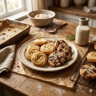 Butter Cookies, a plate of classic buttery cookies, some piped and some slice-and-bake, lightly golden