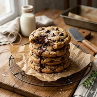 Chocolate Chip, a stack of thick gooey chocolate chip cookies with melting chocolate pools and flaky salt