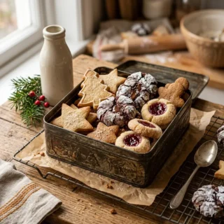 Christmas Cookies, a festive tin of assorted Christmas cookies, cut-outs, thumbprints and crinkles