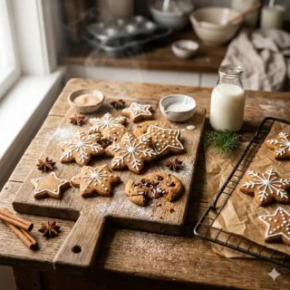 Gingerbread Cookies, decorated cut-out gingerbread cookies with royal icing on a rustic board with cinnamon