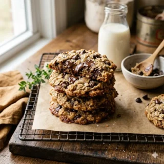 Oatmeal Cookies, a stack of chewy oatmeal cookies with visible oats on parchment