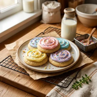 Sugar Cookies, a plate of soft frosted sugar cookies with pastel buttercream and sprinkles