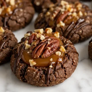 Turtle Caramel Pecan Thumbprint Cookies - turtle cookies