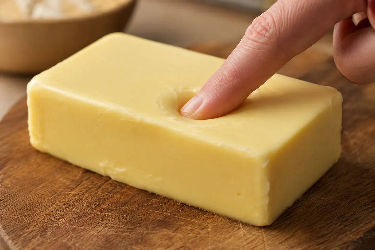 A finger pressing a dent into a stick of softened butter on a board