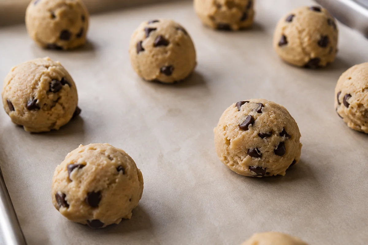 Rows of chilled cookie dough balls on a parchment lined baking tray