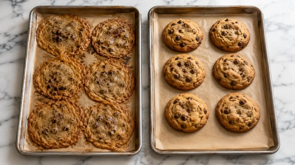 A tray of flat overspread cookies next to a tray of thick domed cookies