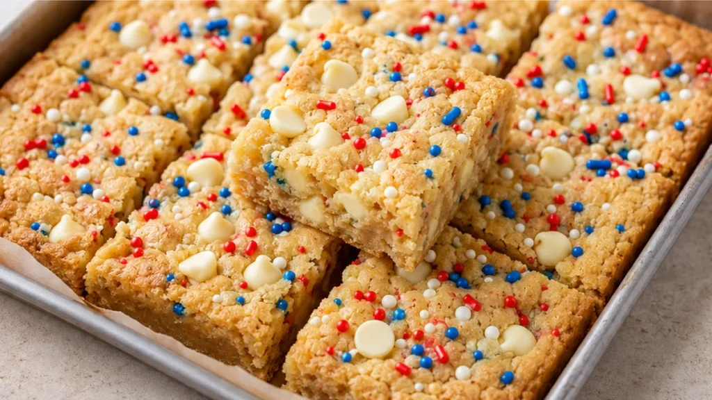 Festive Cake Batter Blondies Recipe - Cake Batter Blondies: bake these fun and chewy treats with patriotic sprinkles. Perfect for parties, they're easy to make