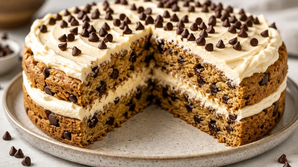 Chocolate Chip Cookie Layer Cake - Cookie layer cake: bake this irresistible chocolate chip cake for your next celebration. Soft, chewy layers with creamy frost