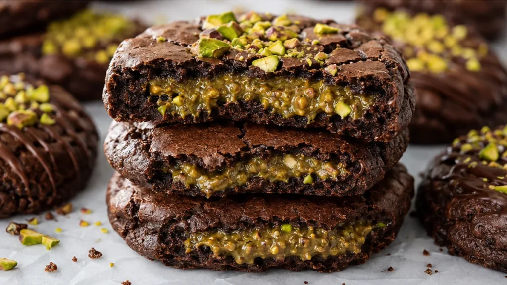 "Layered Dubai Cookies: Chocolate Pistachio Delight" - layered cookies - Layered cookies: bake these unique chocolate cookies topped with a crunchy pistachio la