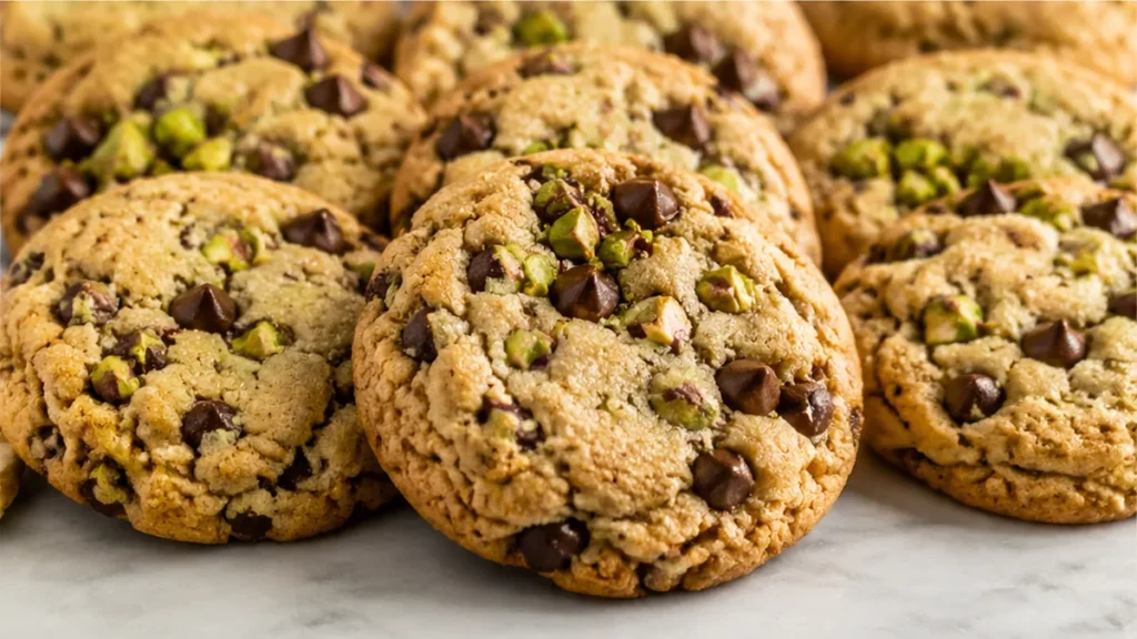 Pistachio Chocolate Chip Cookies - pistachio cookies - Pistachio cookies: bake a batch of these chewy chocolate chip delights. Featuring roasted pistachios for