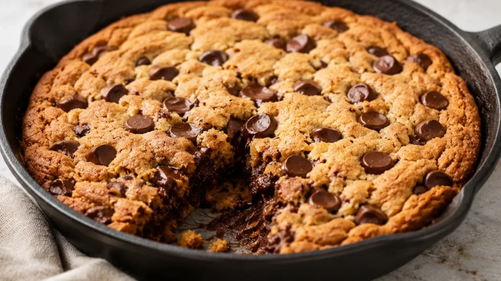 Giant Chocolate Chip Skillet Cookie Bliss! Skillet cookie: bake this gooey chocolate chip dessert. Crispy edges and a soft center, perfect for sharing or a deca