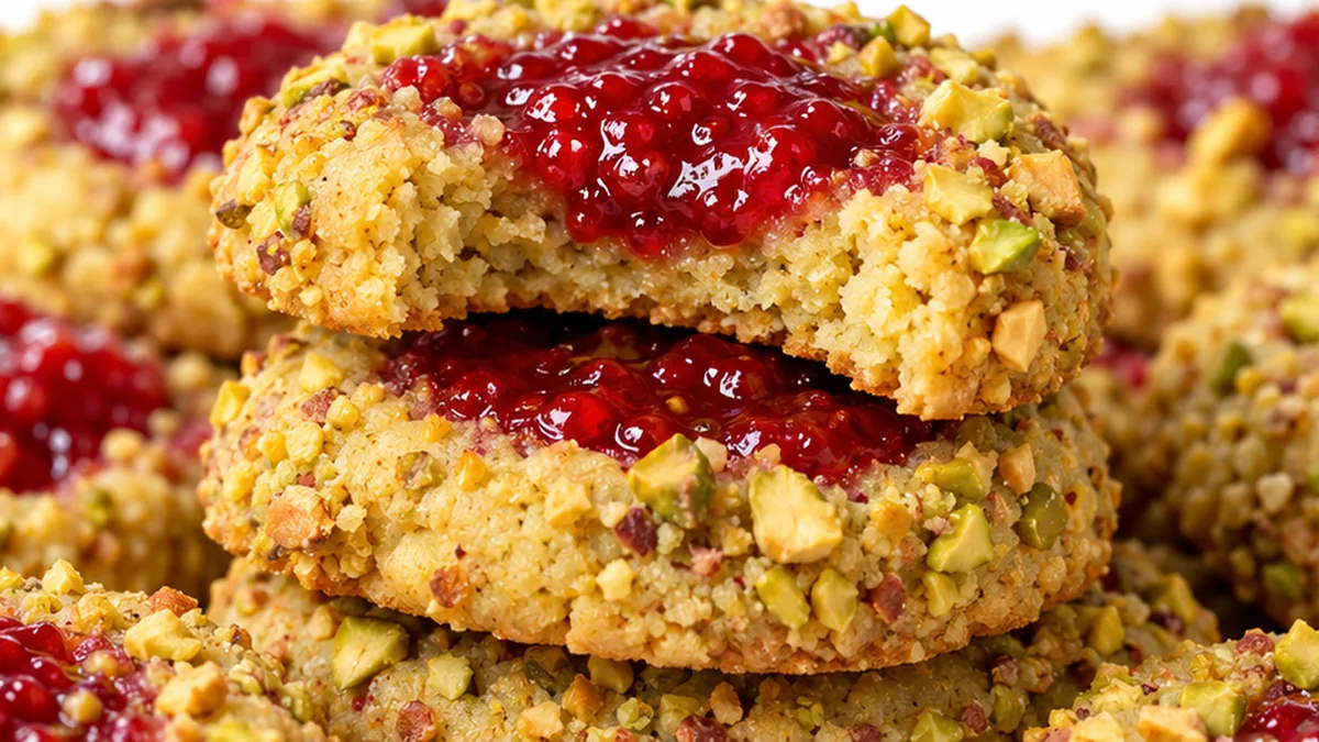 Raspberry Pistachio Cookies - Raspberry pistachio cookies: Bake these easy thumbprint cookies with a tangy raspberry filling and nutty pistachio coating. A deli